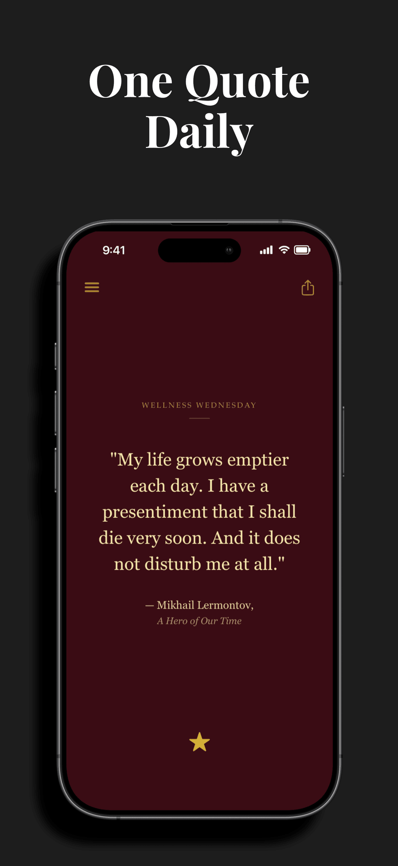 The Wellness Wednesday screen in the Dead Souls Daily app, showing a quote from Russian literature