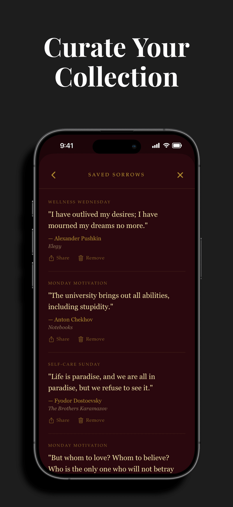 The Saved Sorrows screen in the Dead Souls Daily app, showing a saved line from Dostoevsky's The Brothers Karamazov beside quotes from Pushkin and Chekhov