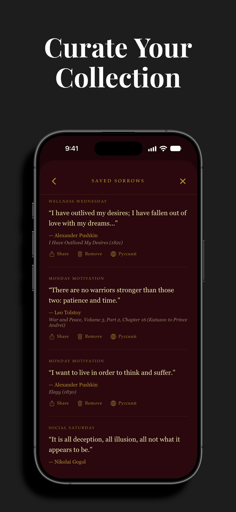The Saved Sorrows screen in the Dead Souls Daily app, showing saved lines from Pushkin, Tolstoy and Gogol