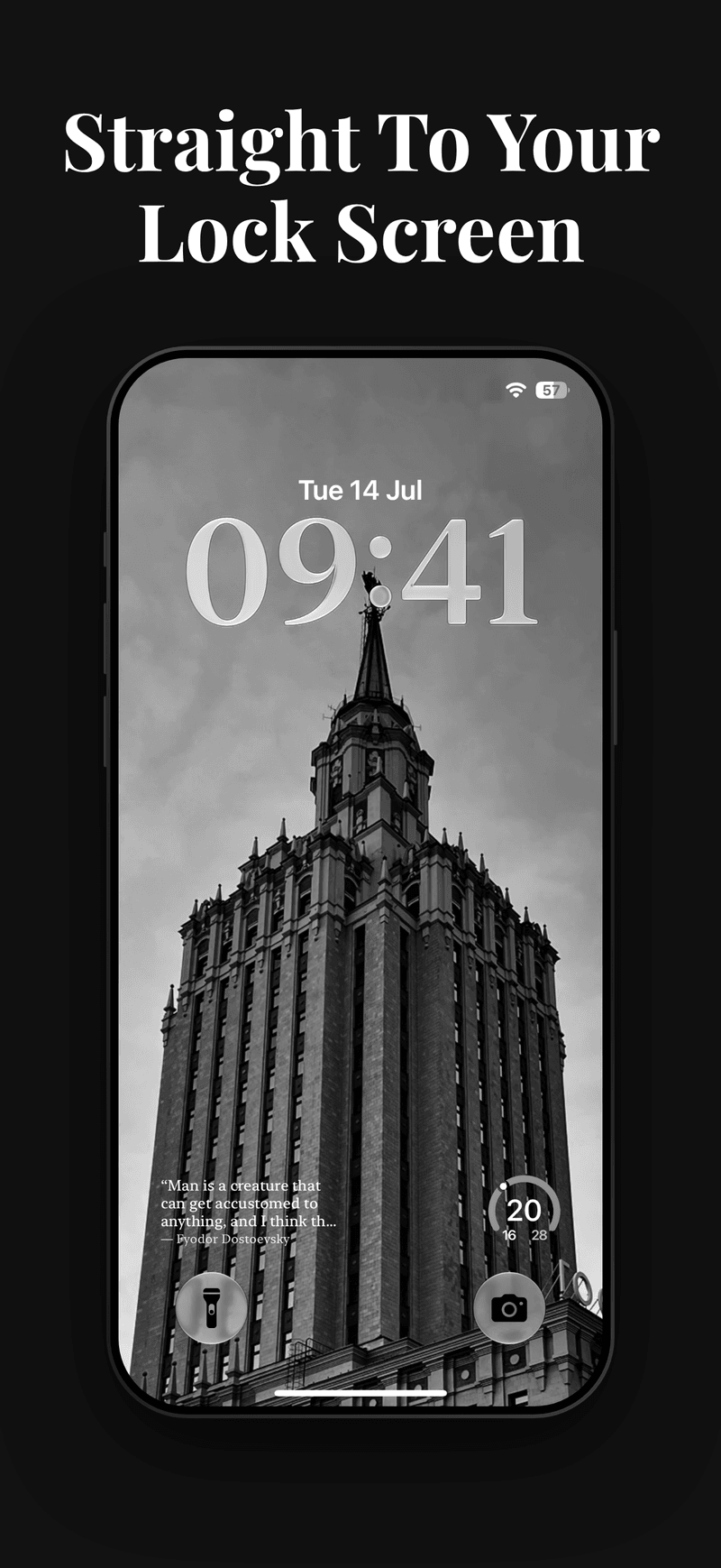 A Dead Souls Daily Lock Screen widget beneath the clock, carrying the day’s quote