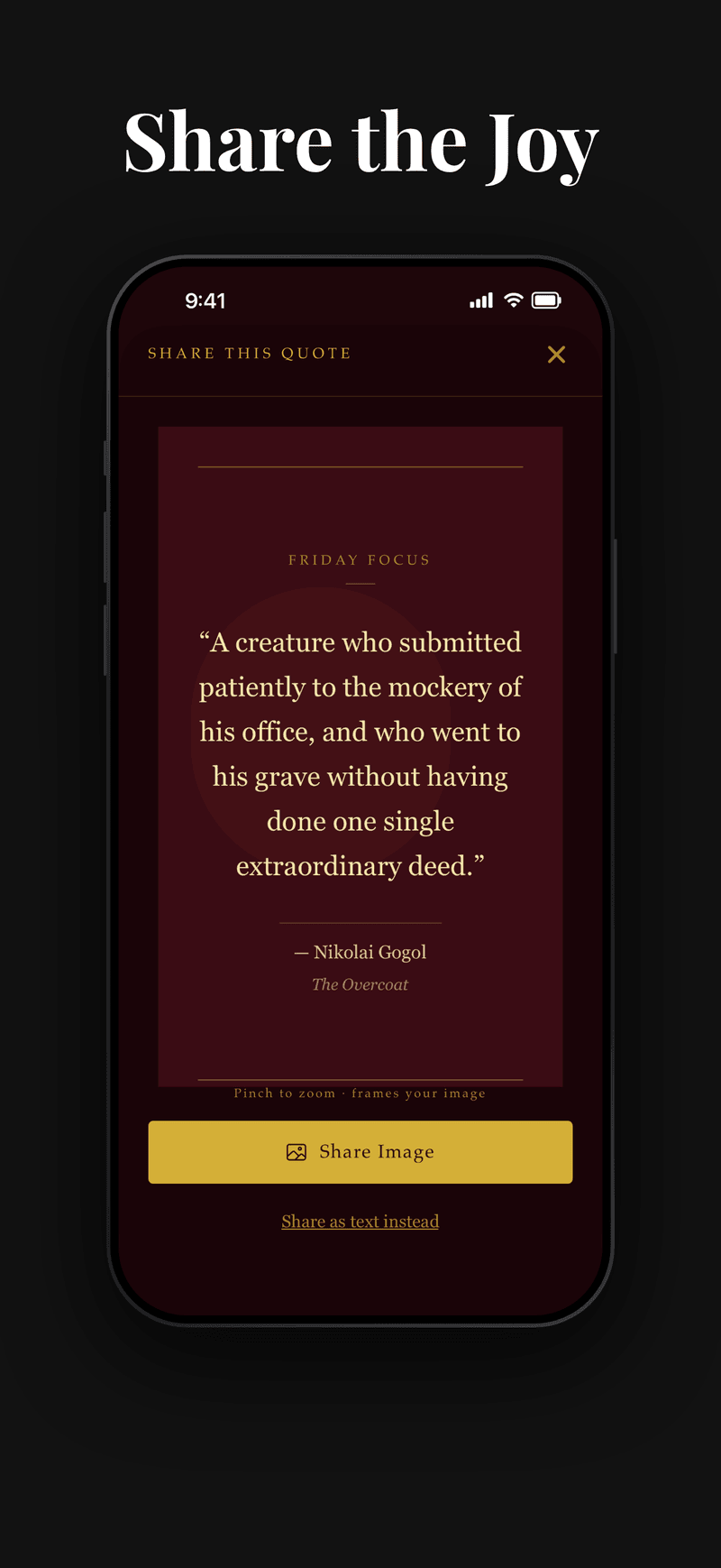 A Dead Souls Daily share card formatted for Instagram Stories, showing a Gogol quote from The Overcoat