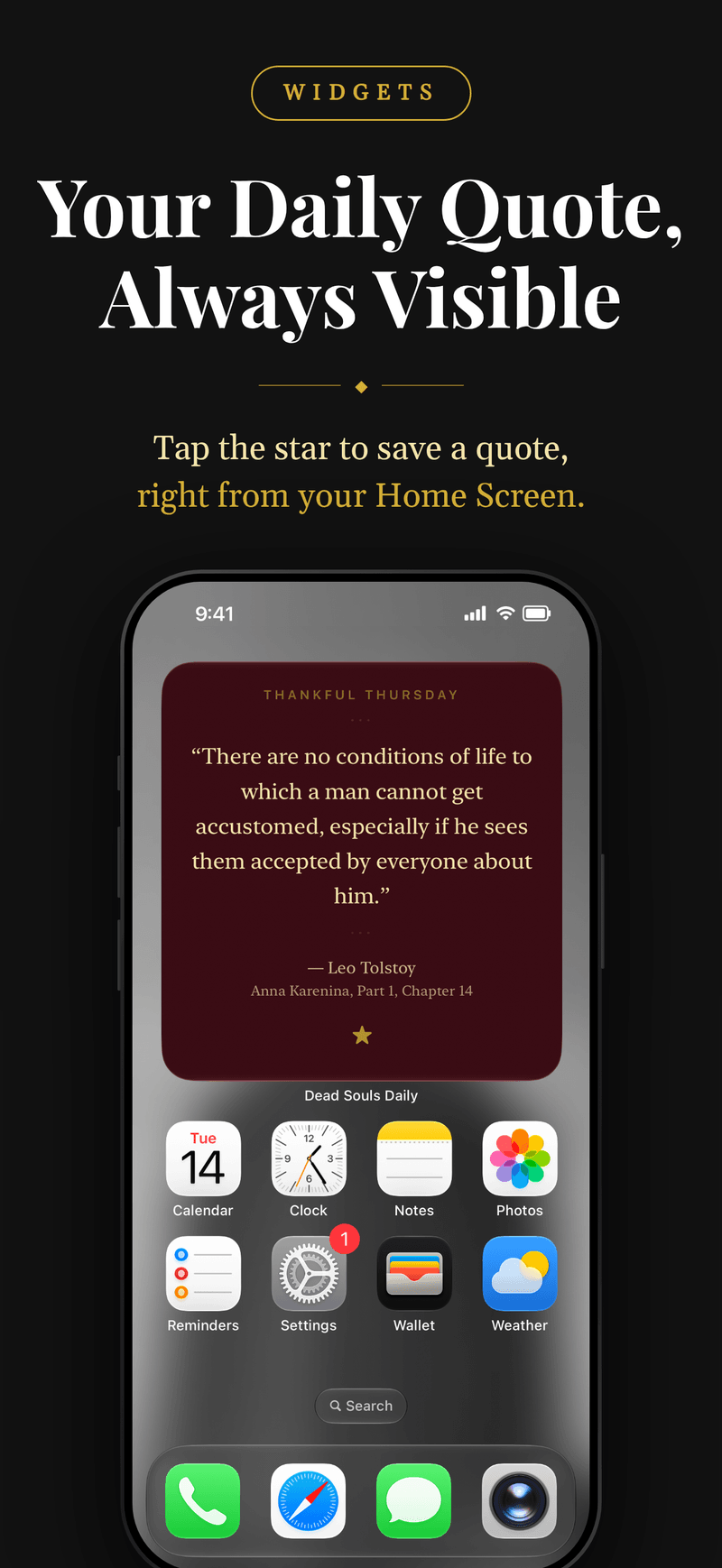 The Dead Souls Daily widget on an iPhone Home Screen, showing a Tolstoy quote from Anna Karenina with a star to save it