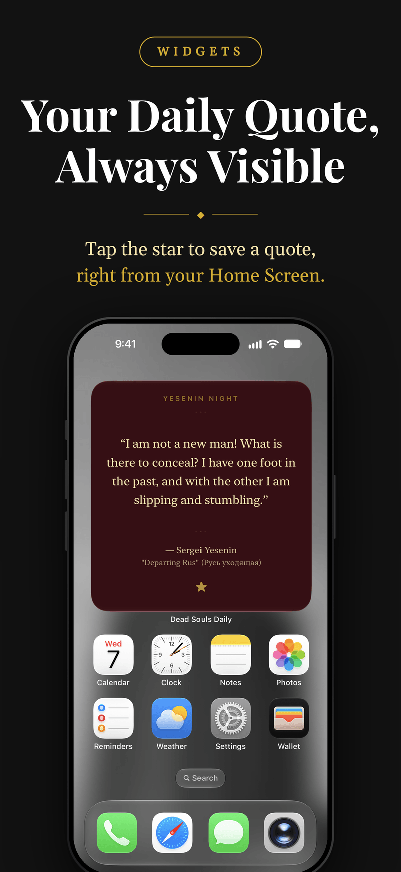 The Dead Souls Daily widget on an iPhone Home Screen, showing a Yesenin quote from Departing Rus with a star to save it