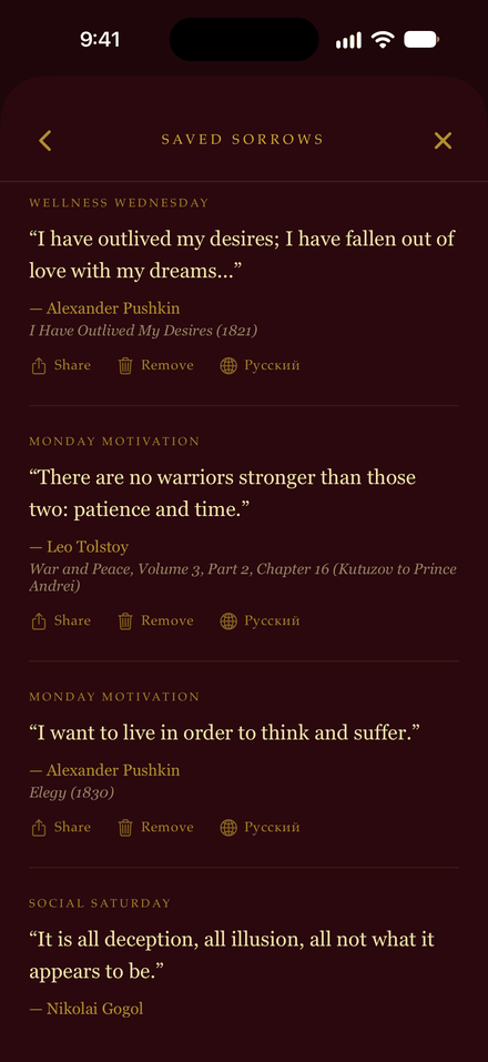 Saved Sorrows in Dead Souls Daily, showing quotes from Pushkin, Tolstoy and Gogol, each offering Share, Remove and a Russian original