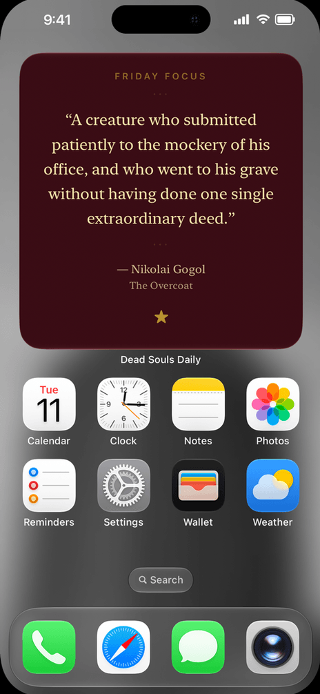 The Dead Souls Daily Home Screen widget showing the same Gogol quote from The Overcoat, with a star to save it